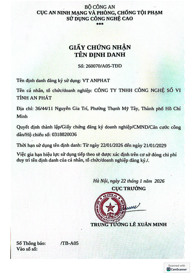 Giấy chứng nhận tên định danh VT ANPHAT